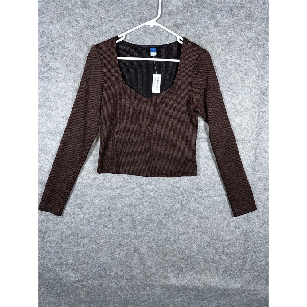 Old Navy Size Medium Sweater Long Sleeve Crop Top Brown scoop neck